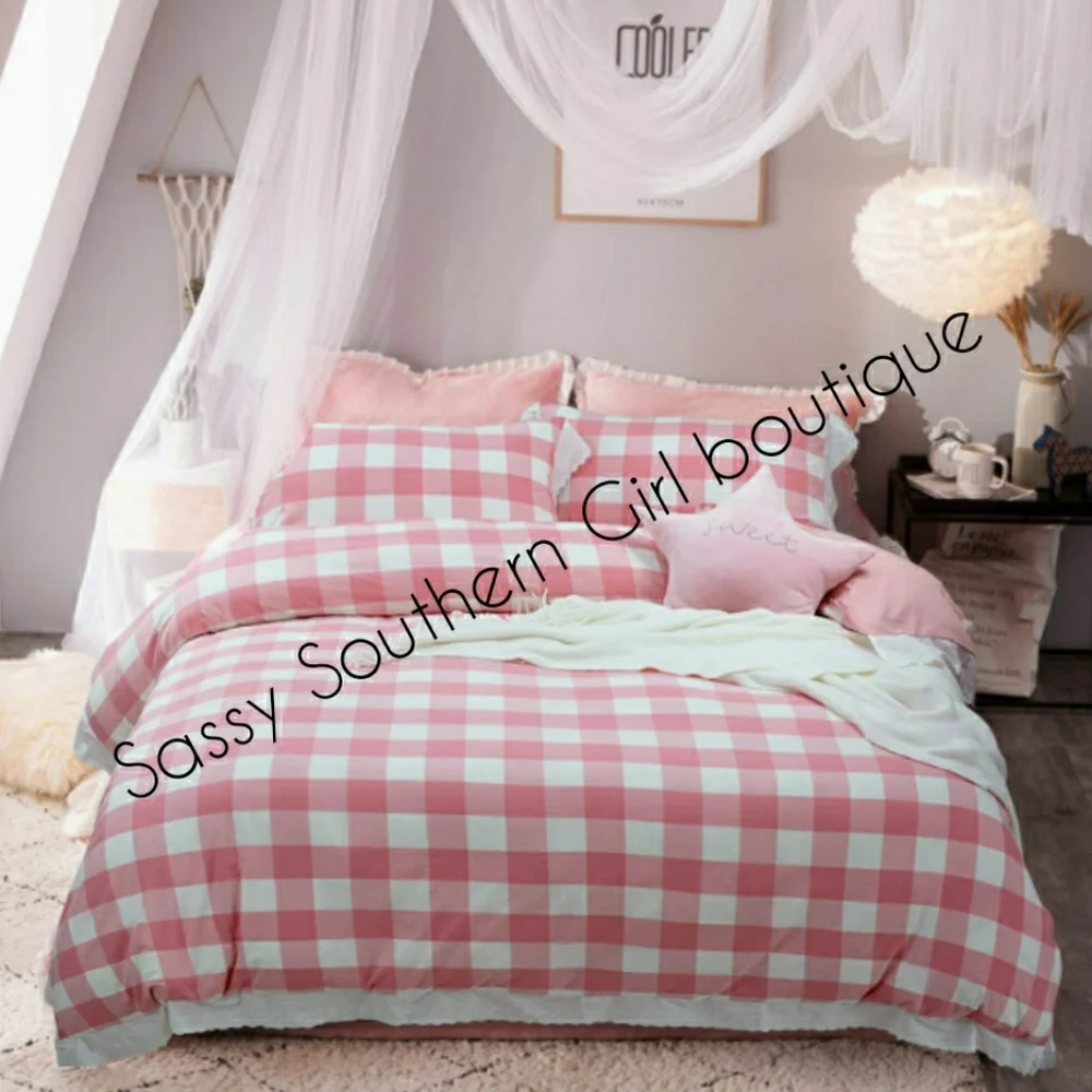 ⭐🆕 Farmhouse pink white buffalo plaid duvet set